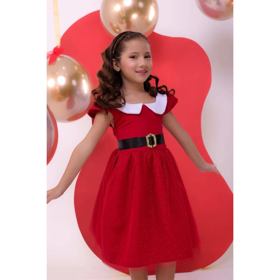 Vestido Infantil Mamãe Noel Fantasia Temático de Natal Vestido Natalino Feminino Mês Versário Natal Menina Romper Natal