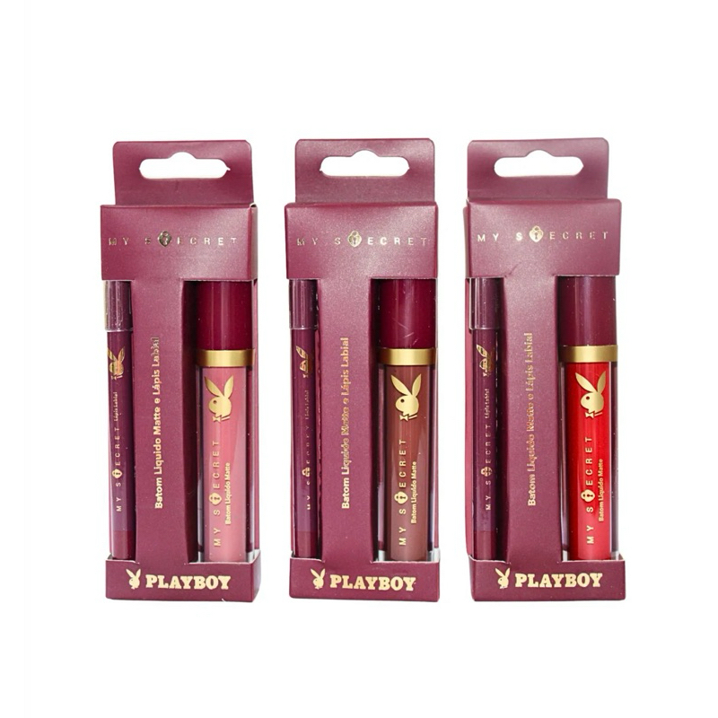 Kit Batom Liquido matte + Lápis Labial PlayBoy Vermelho