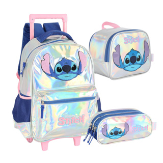 Mochila Escolar de Carrinho Stitch Com Estojo e Lancheira Térmica Original Disney Rodinhas Luxcel em Oferta na Shopee