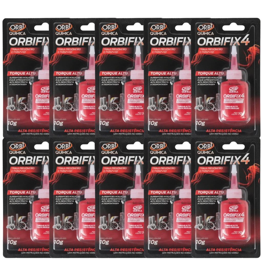 Kit 10 Trava Parafuso Vermelho Torque Alto OrbiFix4 Trava Rosca Trava Prisioneiro Adesivo Anaeróbica