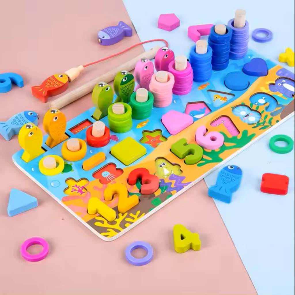 Brinquedo Educativo De Somar Encaixe Pega Peixe Tabuleiro Madeira Contas Matemát