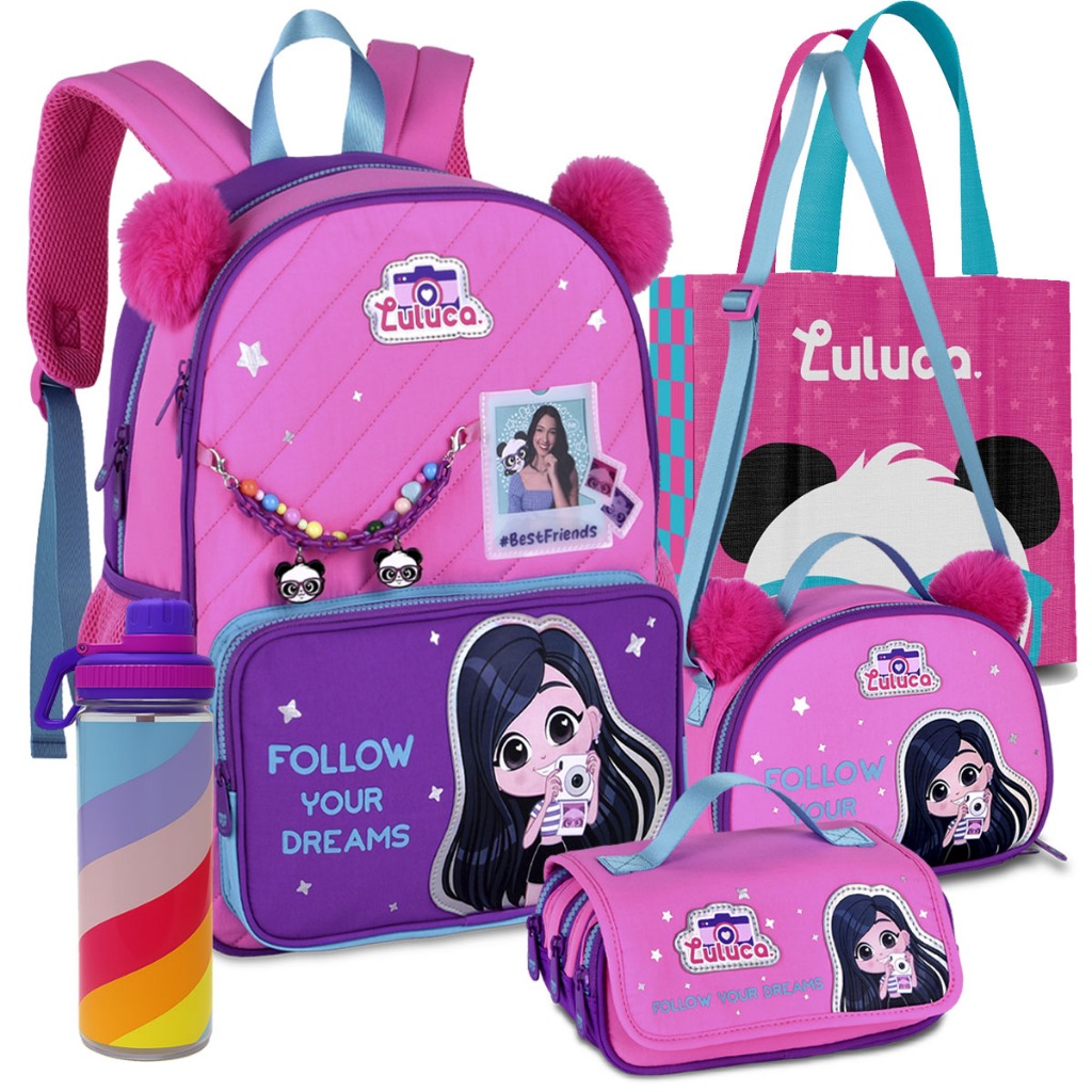 Kit Mochila Luluca Pandinha Infantil Crianças Rodinha Carrinho Lancheira e Estojo Lançamento