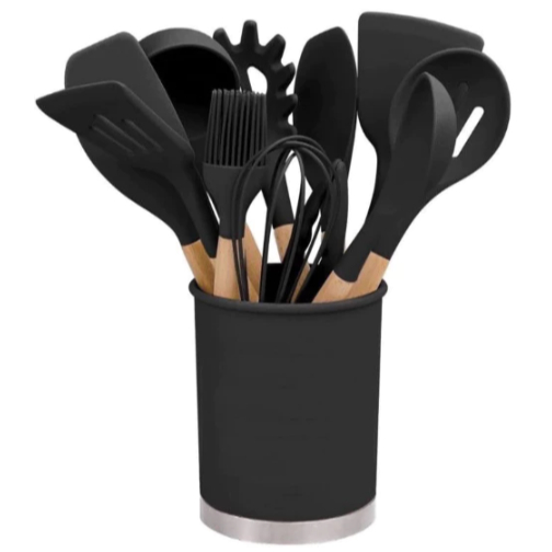 Kit C/12 Peças Utensílios De Cozinha Colheres Espatula Silicone Cabo Madeira Decoração Livre BPA