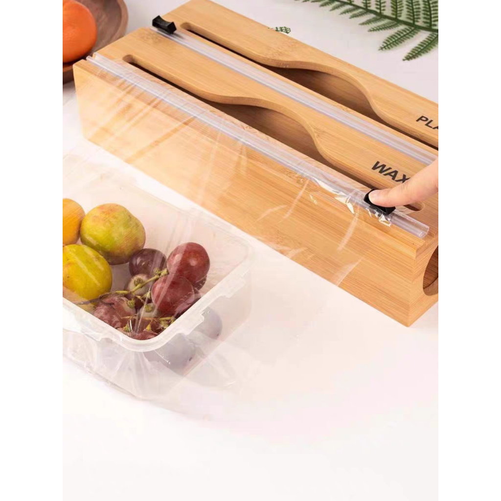 Porta Rolo Duplo Organizador Bambu Papel Alumínio Filme PVC Cortador Dispenser Cozinha Sup...