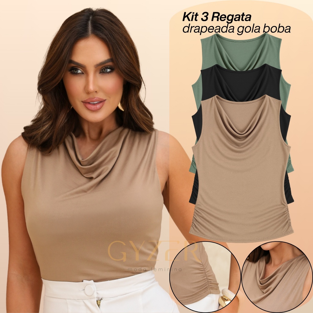 KIT 3 Blusa Regata Feminina Gola Boba Alça Larga Grossa Costas Fechada Tecido Regula Tempe...
