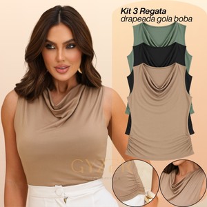 KIT 3 Blusa Regata Feminina Gola Boba Alça Larga Grossa Costas Fechada Tecido Regula Temperatura