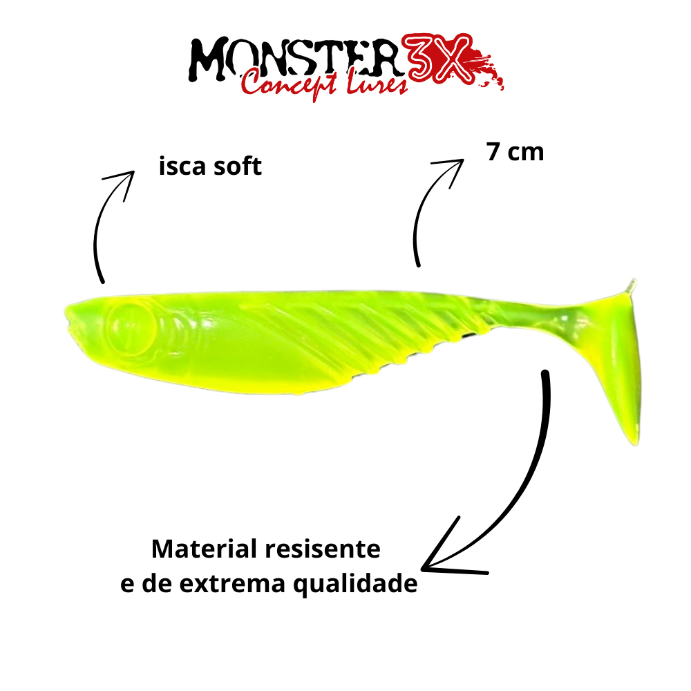 Isca artificial shad –Isca Slim Shad Monster 3x – 7cm – Isca Soft - Shad – Nó de Irmão