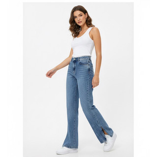 Calça Jeans Reta Feminina Wide Leg Cintura Alta Abertura Na Barra