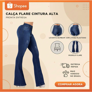 Calça jeans cintura alta Flare Feminino boca de sino cós alto levanta bumbum lycra Elastano Premium