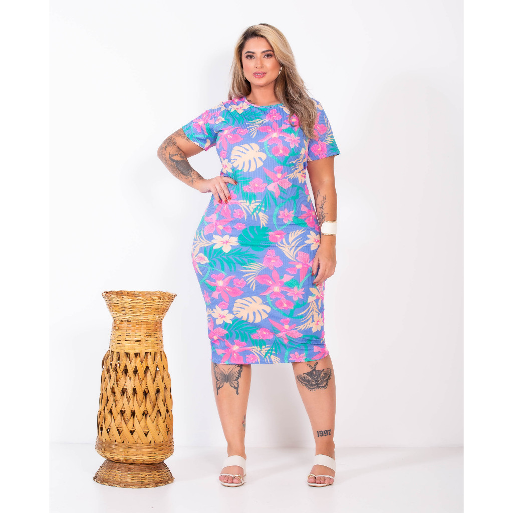 Vestido Midi Floral Plus Size Curve Curvy Moda Evangélica Florido Flores Manga Curta Longuete Gestante Grávida