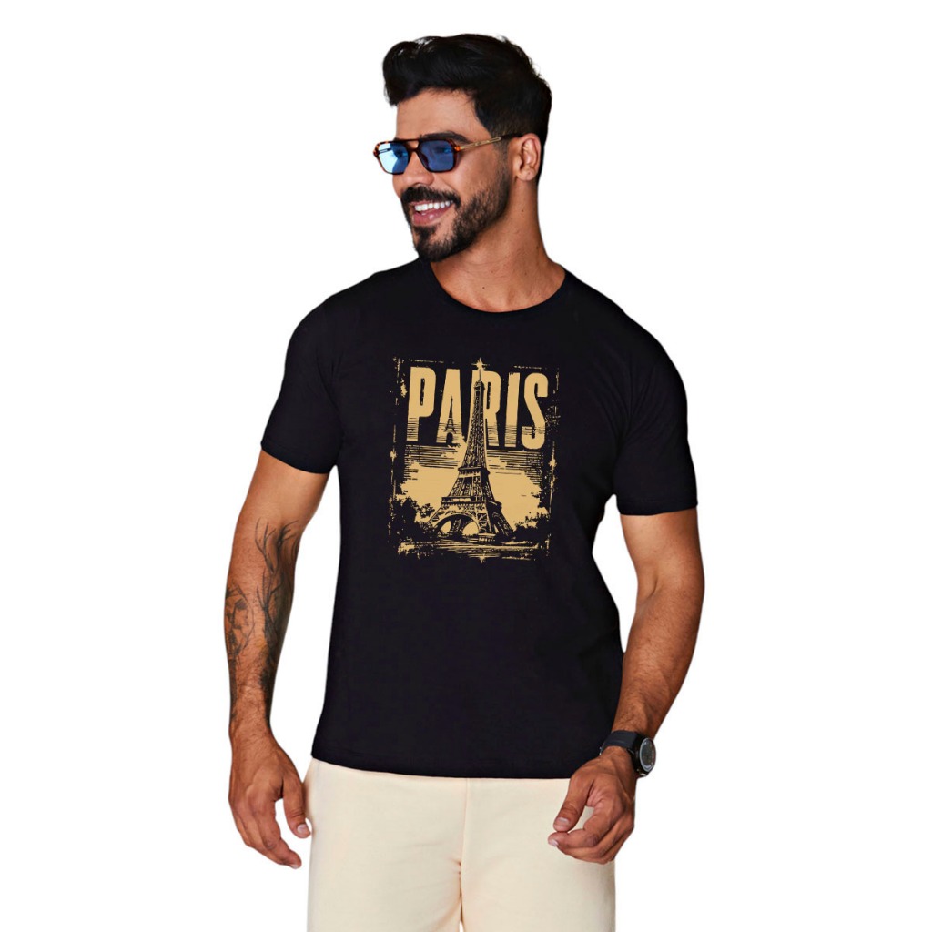 Camisa Masculina Paris França Camiseta Homens Manga Curta Algodão Gola Redonda Casual