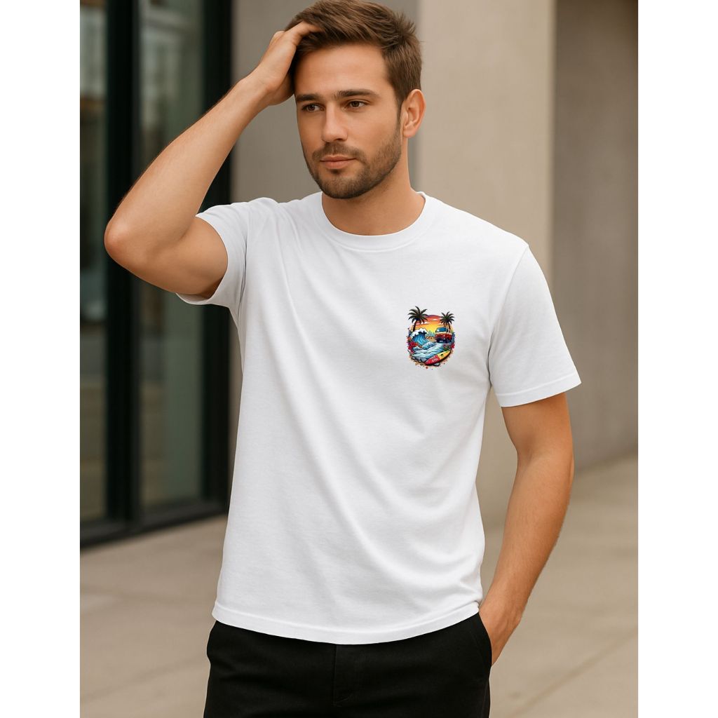 Camiseta Masculina Básica de Praia Tropical Estampa de Palmeiras Casual de Verão Roupa Leve Manga Curta 100% Algodão