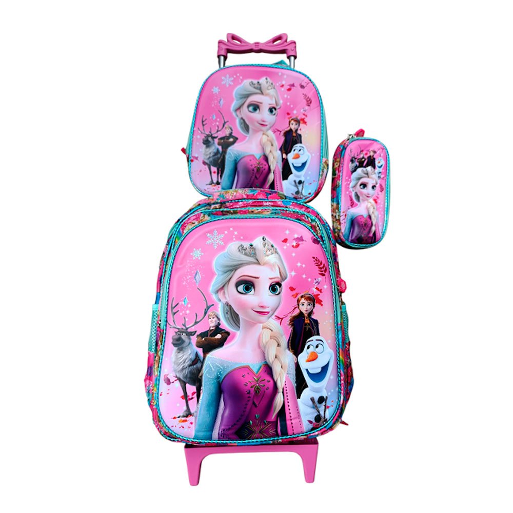 Kit Mochila da Frozen com Rodinhas + Lancheira Térmica + Estojo Escolar Infantil em Alto Relevo 3D