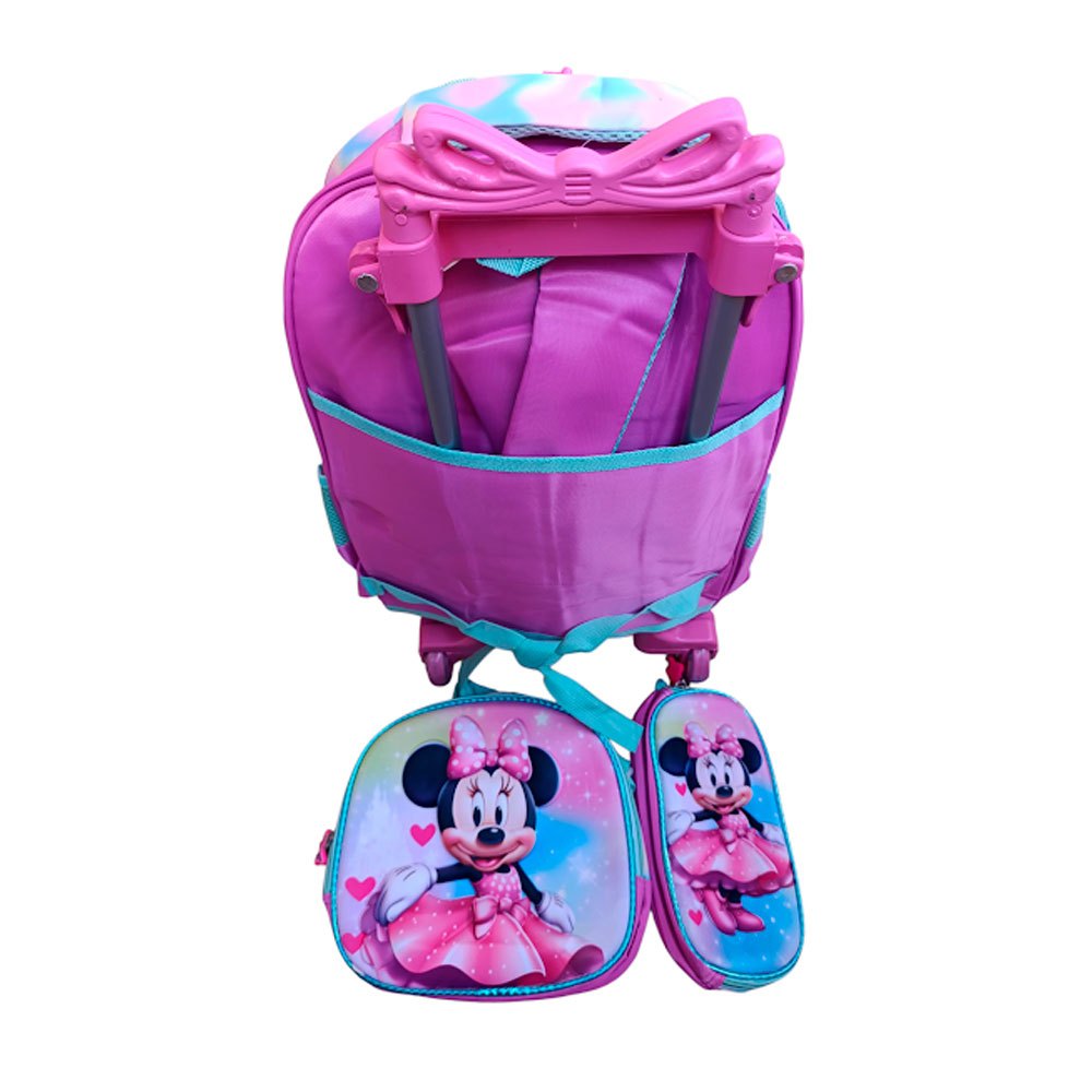 Kit Mochila Minnie com Rodinhas + Lancheira Térmica + estojo Escolar Infantil em Alto Relevo Rosa