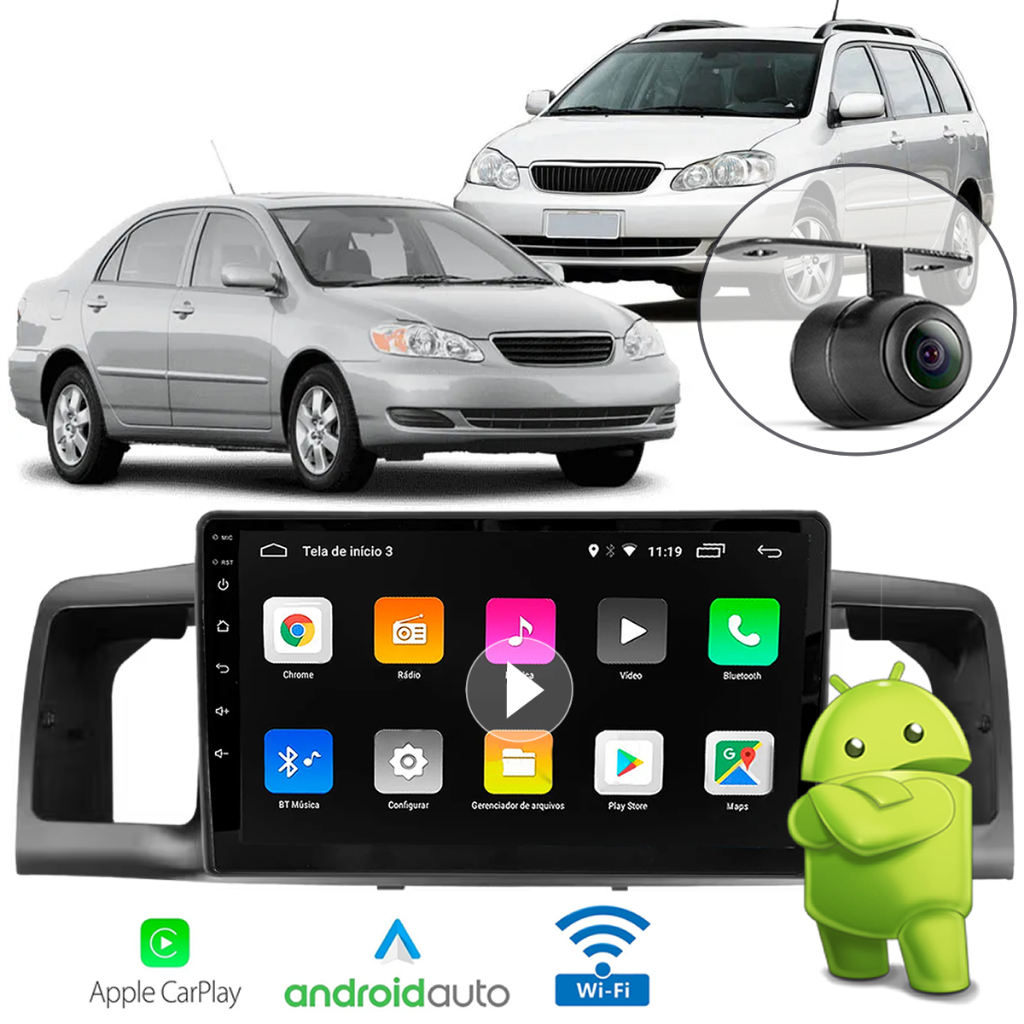 Kit Central Multimídia 9p Android Auto Carplay Corolla Fielder 2003 2004 2005 2006 Wifi Gps + Câmera