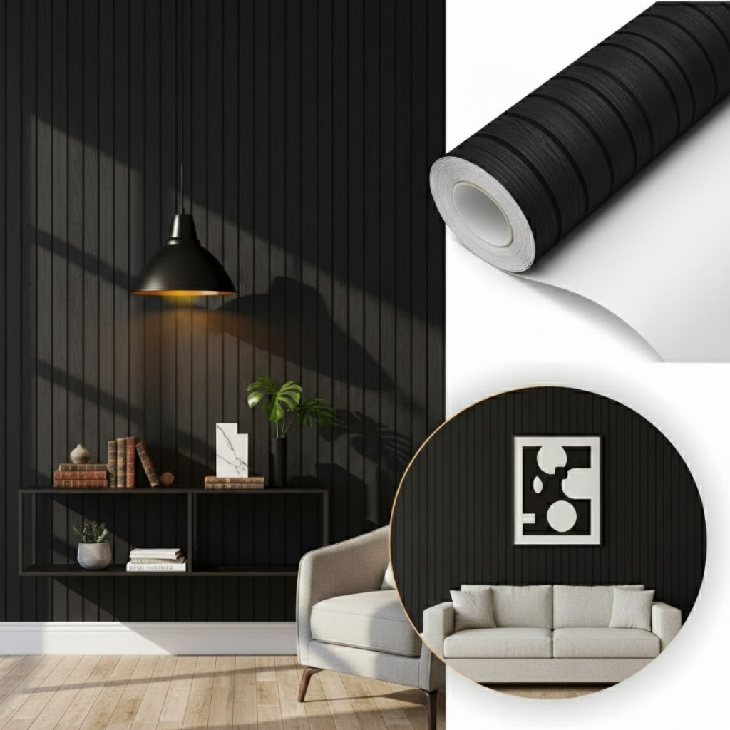 Papel De Parede Ripado Madeira Escura 10m Adesivo Vinil Lavável Rolo Autocolante Para Móveis Cozinha Sala Envelopamento