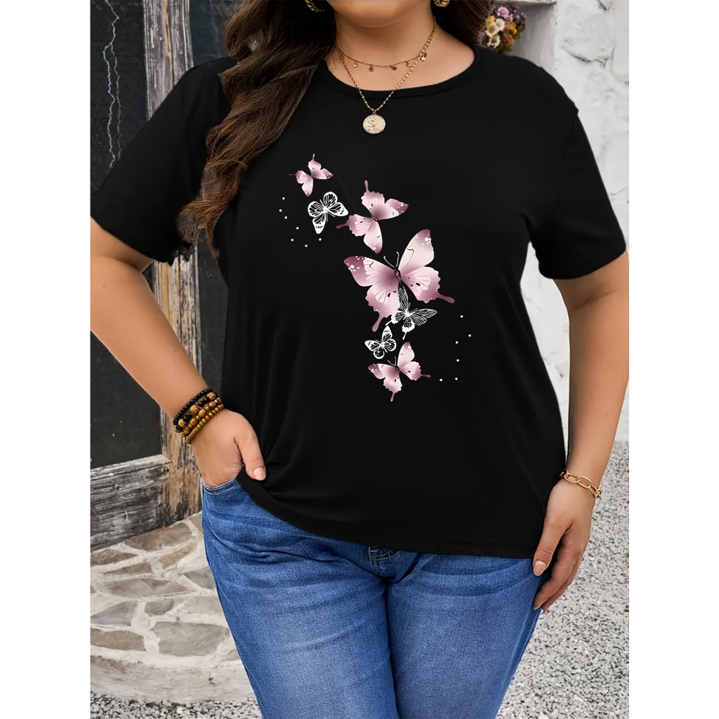 Camiseta plus size feminina preta com estampa de borboleta rosa Casual de Manga Curta fashion