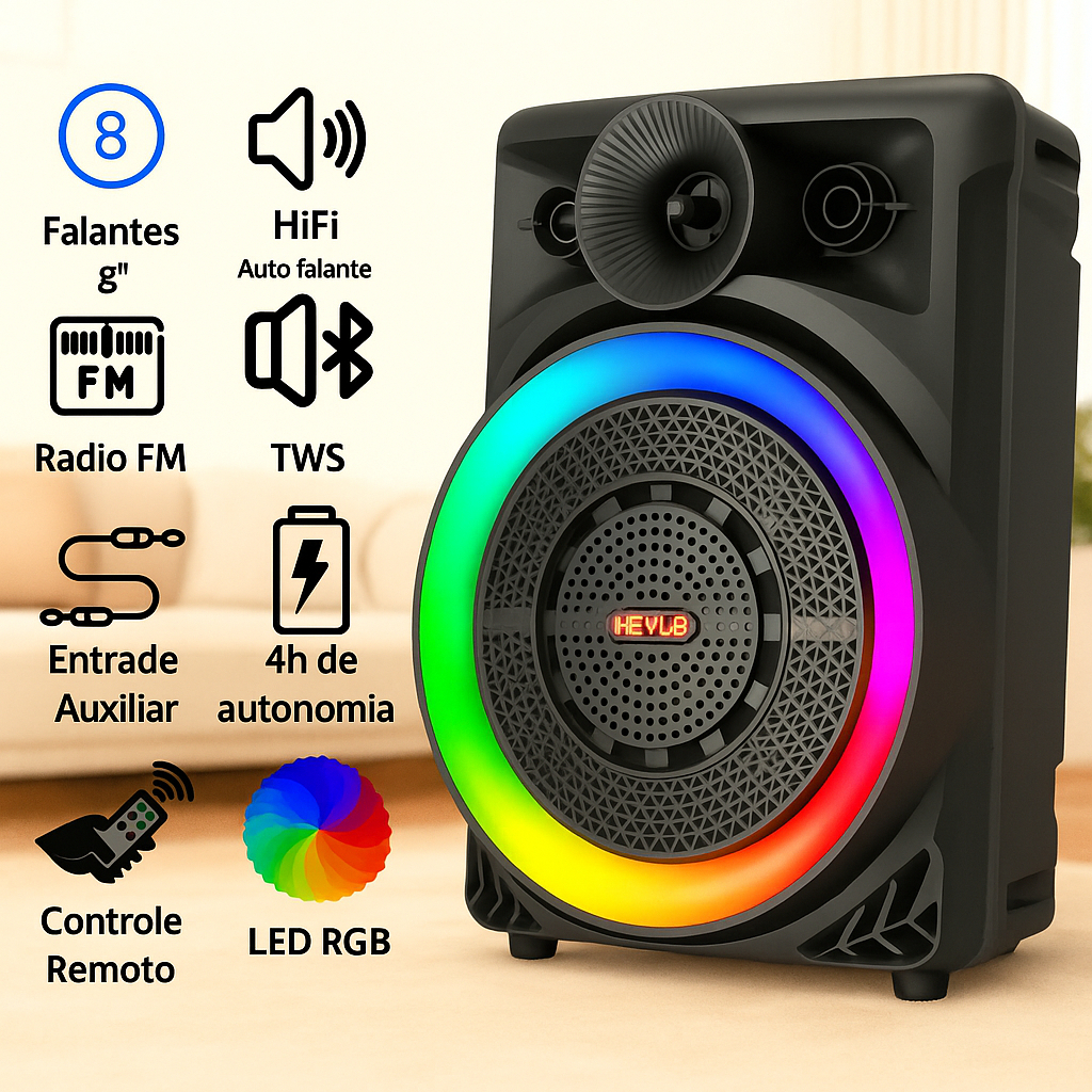 Caixa de Som Bluetooth Portátil 2000W PMPO Potente com LED RGB, Microfone, USB/SD/Aux e Karaokê