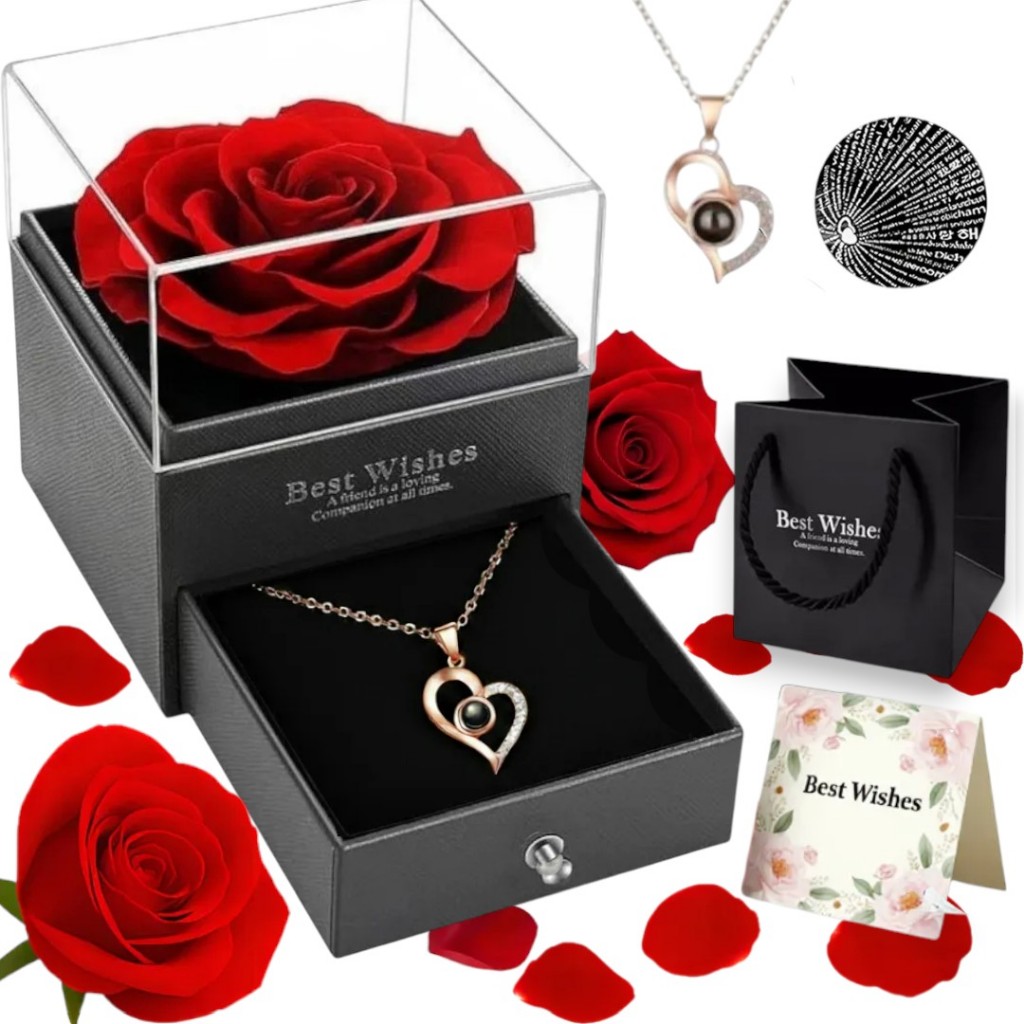 Imagem Rosa Flor Eterna Preservada Caixa de presente E Colar Refletor Eu te amo em 100 idiomas Colar Feminino Presente de Natal