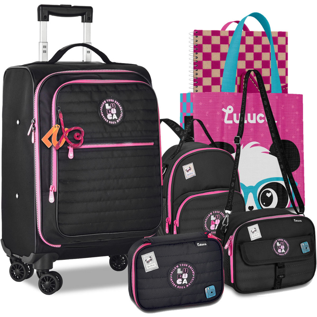 Kit Mochila Mala Escolar Luluca Lancheira Estojo Rodinha 360 Carrinho Lançamento de Bordo