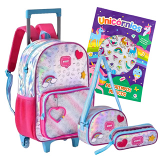 Kit Holográfico Mochila Escolar de Rodinha Lancheira Térmica e Estojo Clio Com livro de atividades em Oferta na Shopee