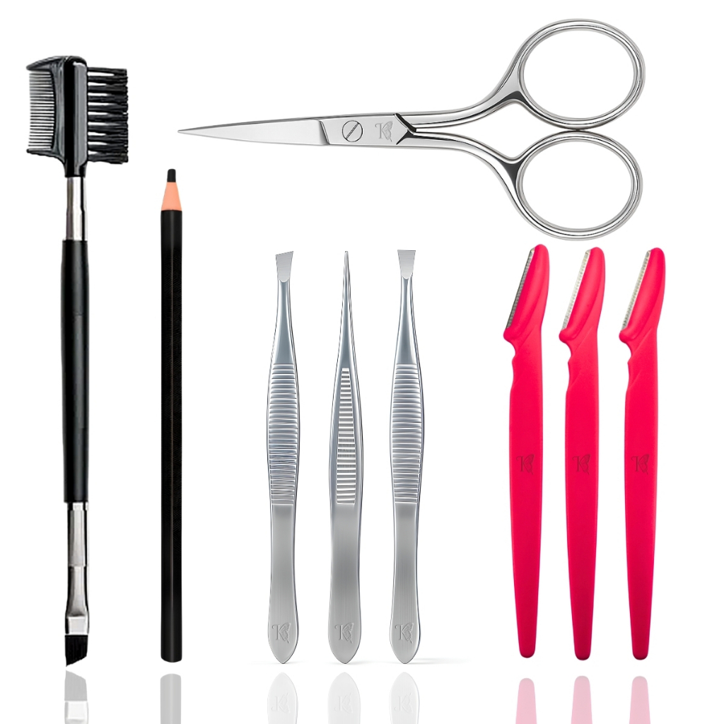 Kit Profissional Sobrancelha Navalha Tesourinha Pinça Lápis e Pincel Chanfrado