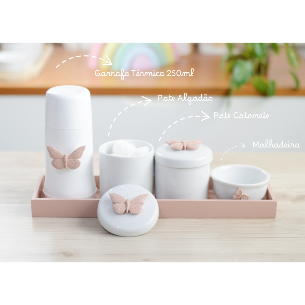 Kit Higiene Porcelana Borboletas Jardim Encantado Quarto Meninas Infantil K074 Pote Algodão Garrafa Térmica