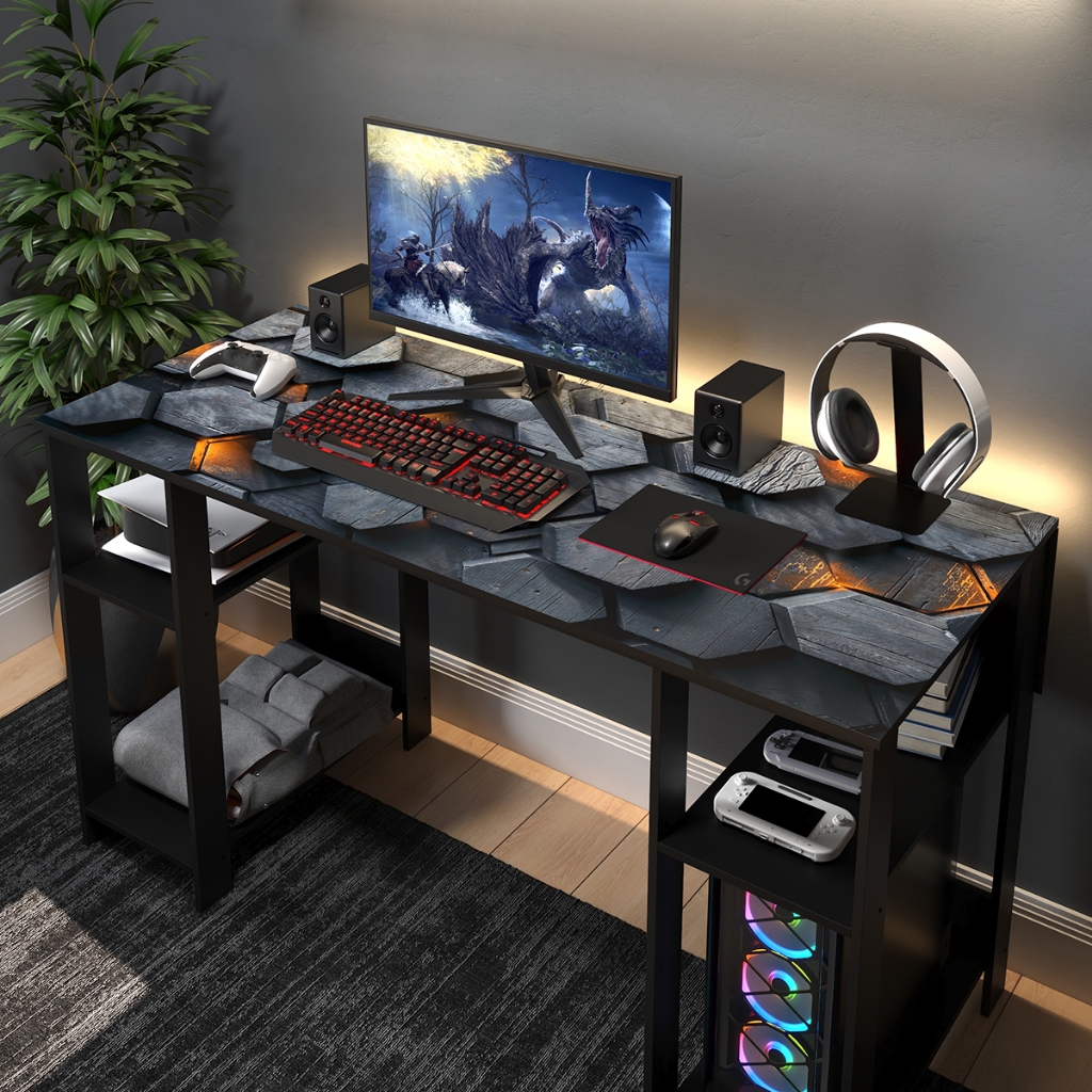 Escrivaninha Gamer De Madeira Industrial P/ Escritório Geek Mesa Para Pc Gamer Retrô Industrial Com Nichos