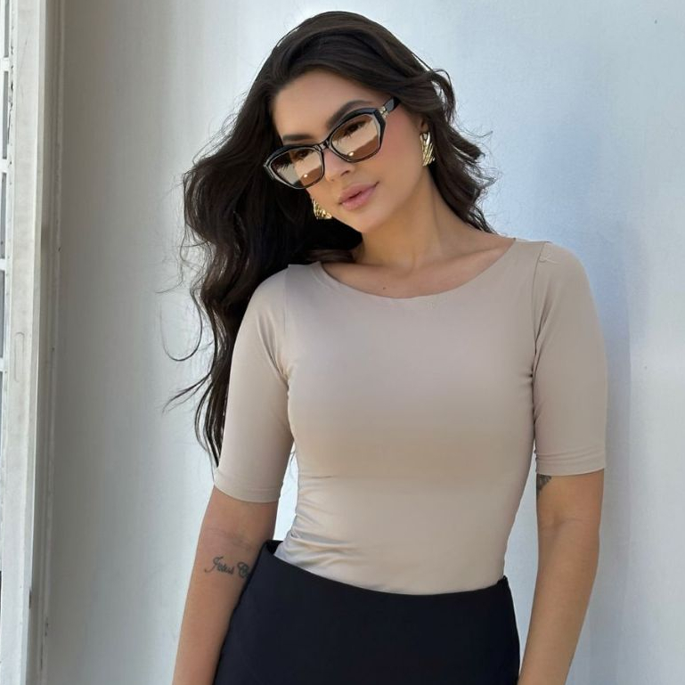 Blusa Feminina Manga 2/3 Trabalho Casual Poliamida Gola Canoa Slim Fit Natal