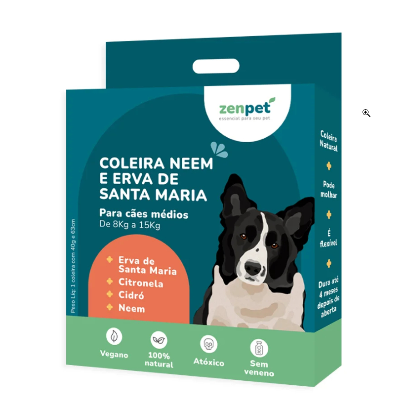 Coleira Natural Repelente com Neem e Erva Santa Maria Cães Médios Zenpet