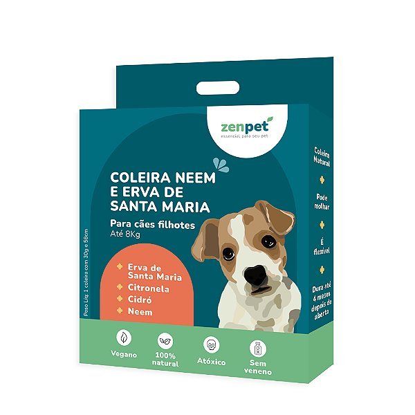 Coleira Natural Repelente com Neem e Erva Santa Maria Cães Filhotes Zenpet