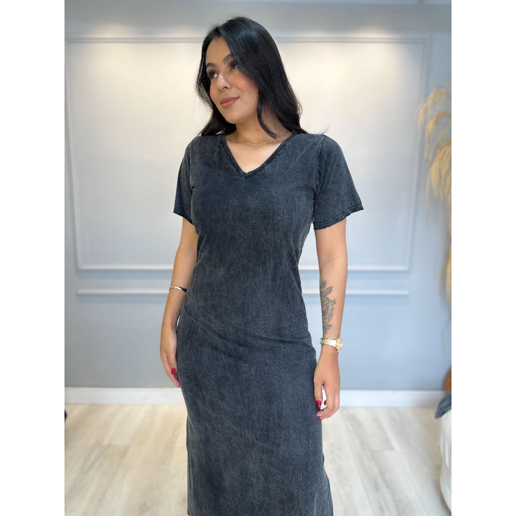 Vestido Longo Decote V em Oferta na Shopee