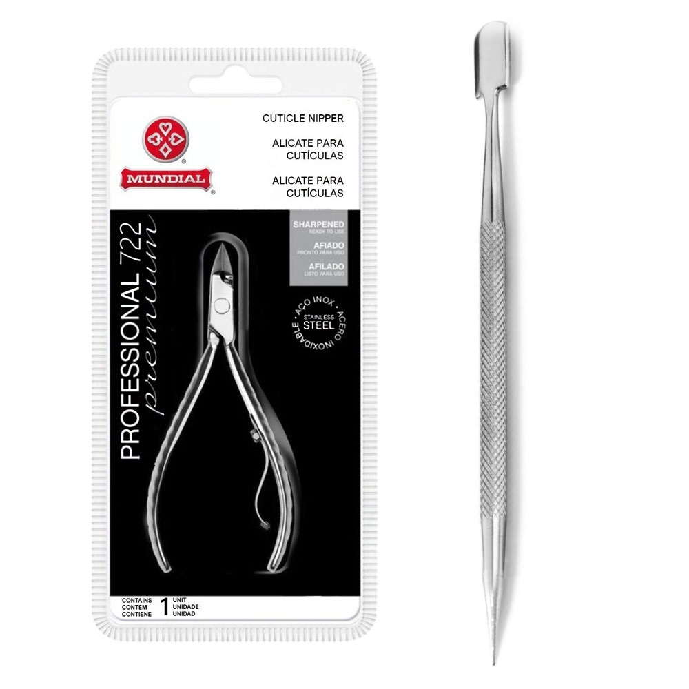 Kit Profissional Manicure Aço Inox Mundial Alicate 722 + Espátula Bastão Inox Corte Preciso Durável