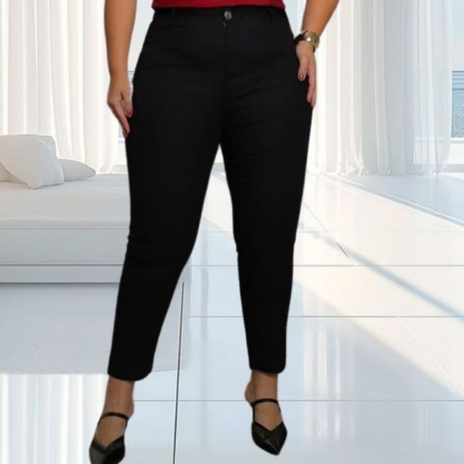 Calça Jeans Skinny Plus Size Femenina Preta Cintura Alta Empina Bumbum Com Pouca Lycra Elastano