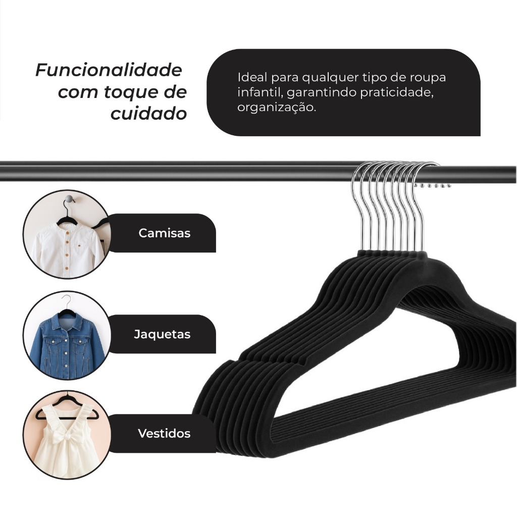 Caixa com 40 Cabides Infantis de Veludo Slim Antiderrapantes Preto – Organização com Estilo e Eficiência em Oferta na Shopee