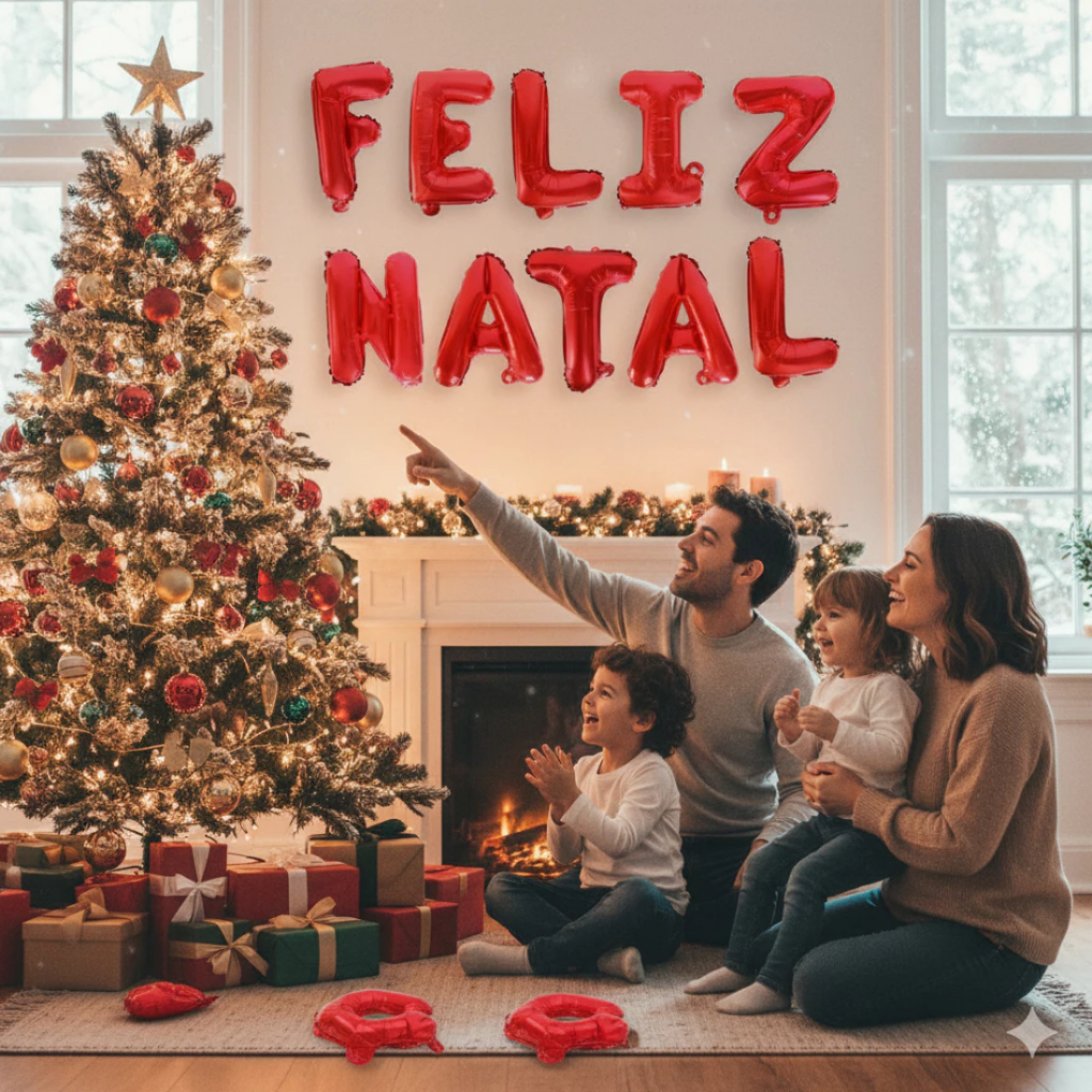 Kit de Balões Metalizados "FELIZ NATAL" – 37cm com Assoprador + Fitilho Final de ano Festas Premium