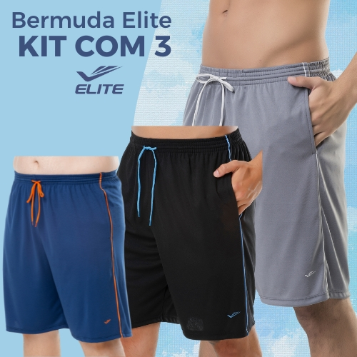 Kit 3 Bermudas Masculino Adulto Academia Short Plus Size com Bolso e Cordão Elite Fitness Treino Esportivo