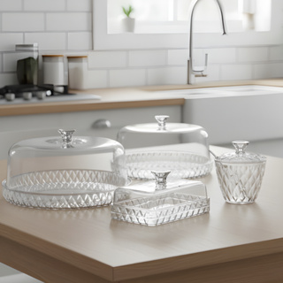 KIT Queijeira Boleira Açucareiro e Manteigueira Incolor 4 Peças Glamour Acrílico Plasútil em Oferta na Shopee