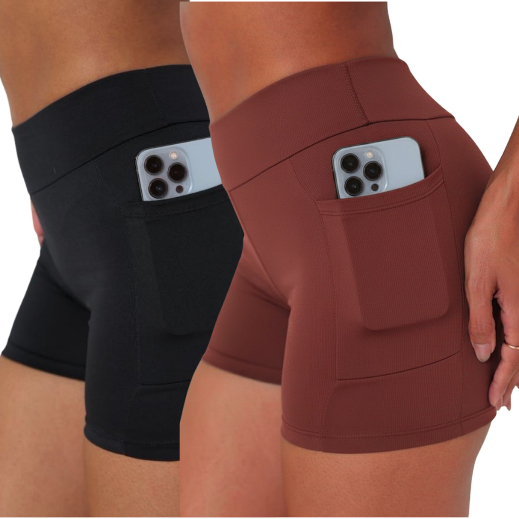 Kit 02 Shorts Fitness Feminino com Bolsos Laterais – Short de Academia para Treino com Bolso para Caminhada e Corrida