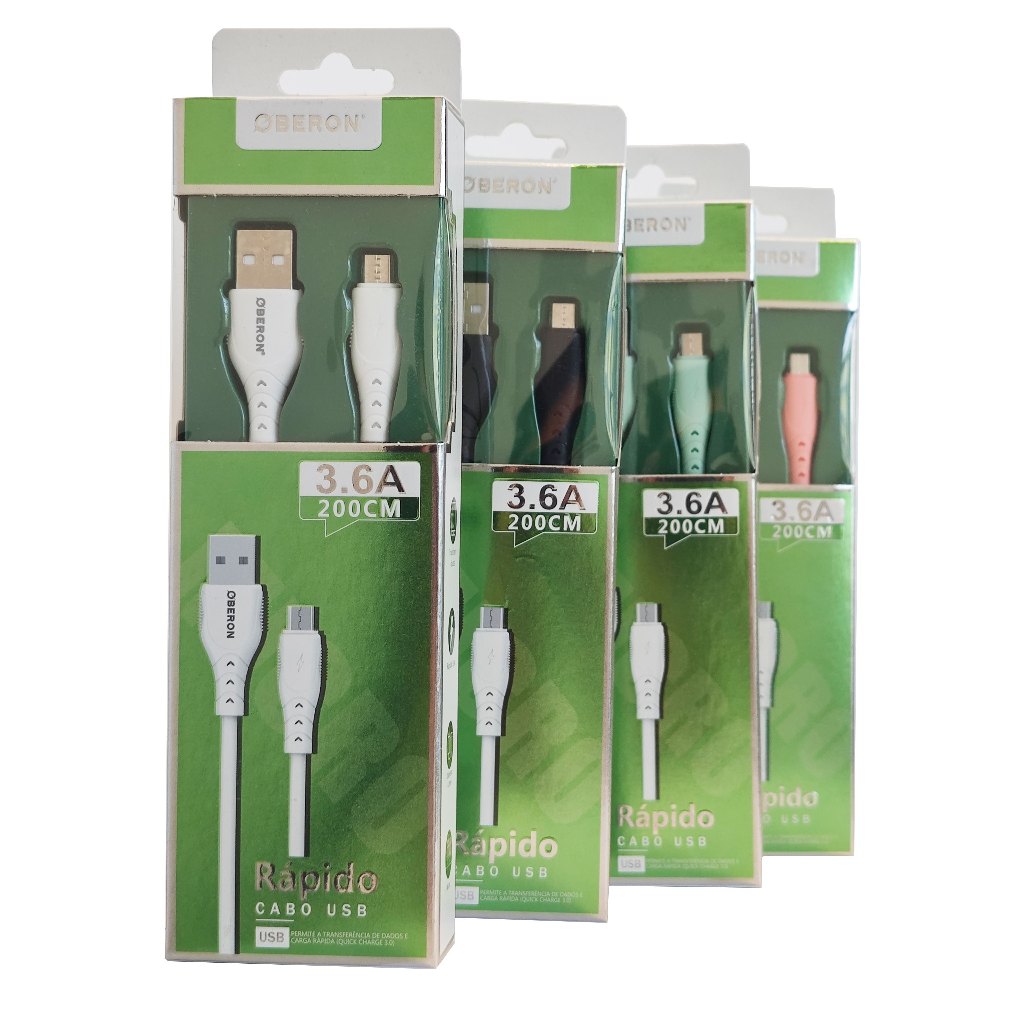 Cabo Carregador 3.6A V8 x USB 1 Metro para Celular OBERON com Adaptador V8-Tipo-C em Oferta na Shopee