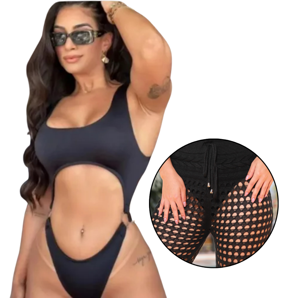 KIT Biquíni Body Argola Maio Anitta  E Cores Radiantes +Calça Saída De Praia Tricô Canga Piscina Crochê Trico