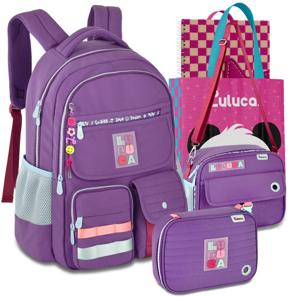 Kit Mochila Lancheira Estojo Luluca Escolar Meninas Lançamento Escolar Brinde