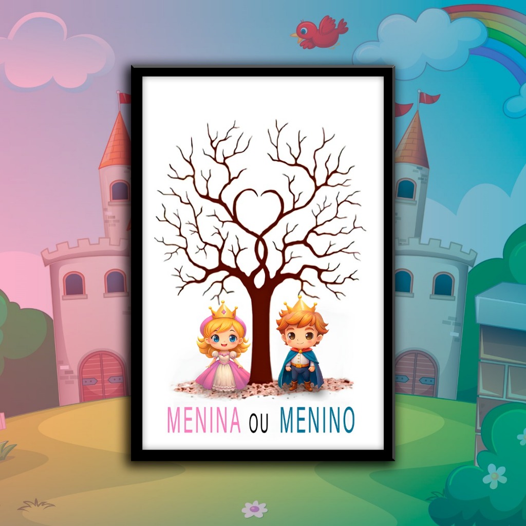 Quadro Placa Recepção Chá Revelação Árvore Digitais Assinaturas Personalizado Príncipe e Princesa Menino ou Menina