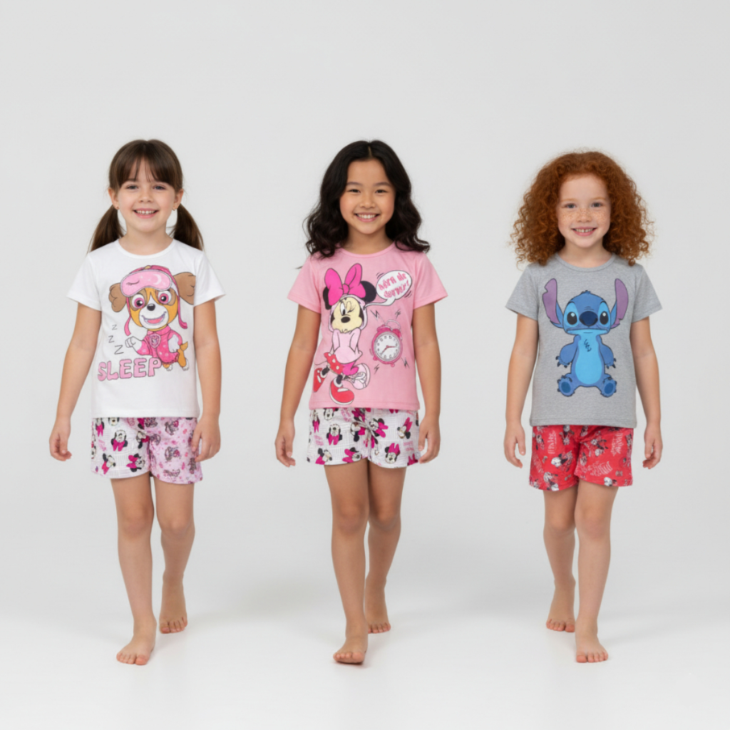 Kit Sortido com 4 Pijamas Estampados Infantil Feminino Menina Juvenil Verão Confortáveis Qualidade