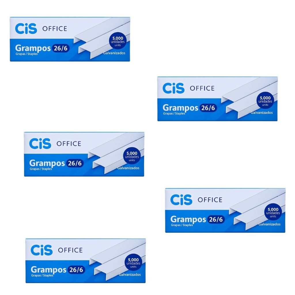 KIT COM 5 CAIXINHAS GRAMPO COMUM GALVANIZADO 26/6 CIS C/5000 PARA ESCRITORIO ESCOLAS