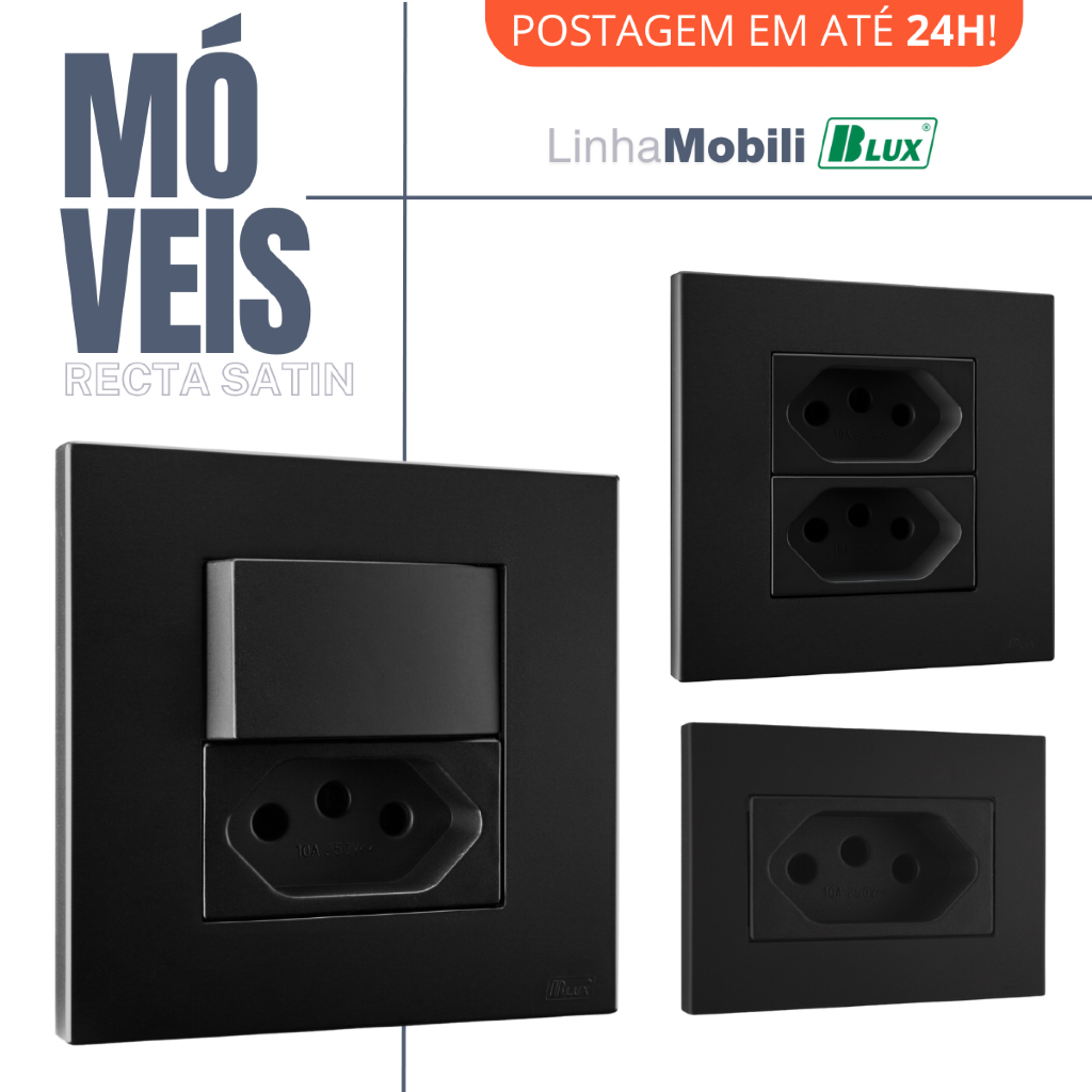 Conjunto Tomada Embutir Moveis Mobili Preto 10a 20a Interruptor Black Recta Preta Satin Fosco Blux