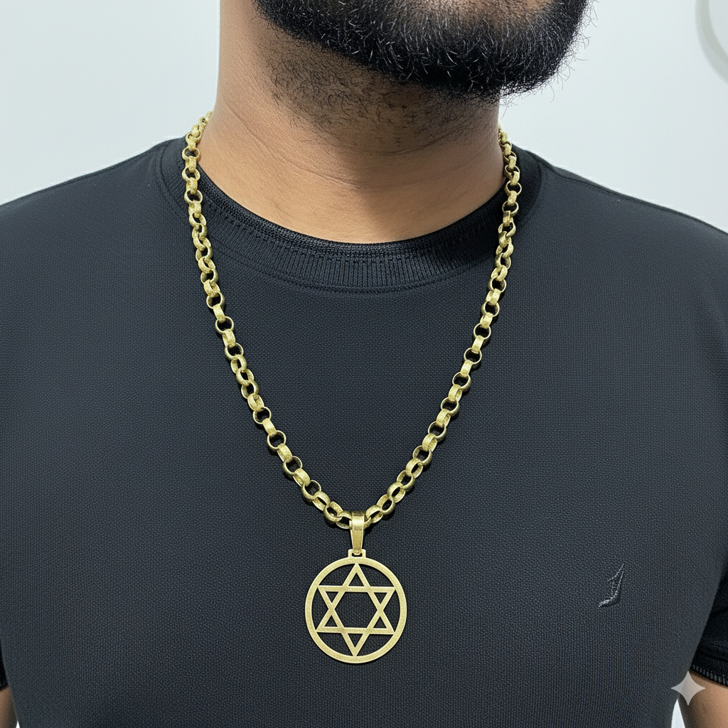 Kit Conjunto Colar de Moeda Antiga Elo Português 8mm com Pingente Estrela de Davi