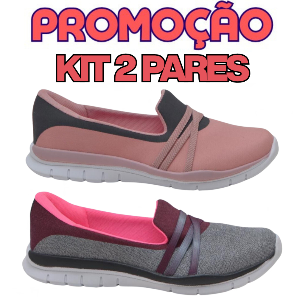 Kit 2 Pares de Tênis Feminino Calce Fácil Confortável Leve Para Academia Esportivo em PROMOÇÃO