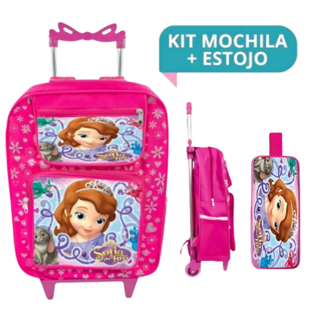 Kit Mochila Rodinha e Estojo Infantil Escolar Feminino Menina Personagem Princesa Sofia