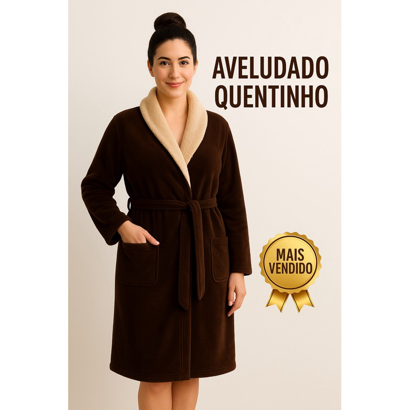 Roupão de Microfibra Aveludado Feminino/Masculino – Quente, Macio, Inverno, Manga Longa, Bolso